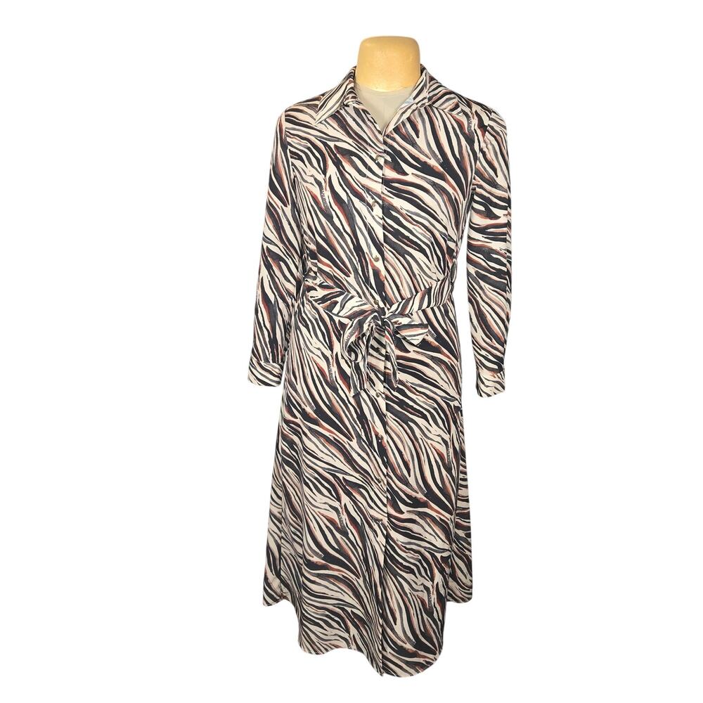 Zara Womens XS Animal Print Shirt Dress Tie Waist Midi‎ Neutral Vacation Career